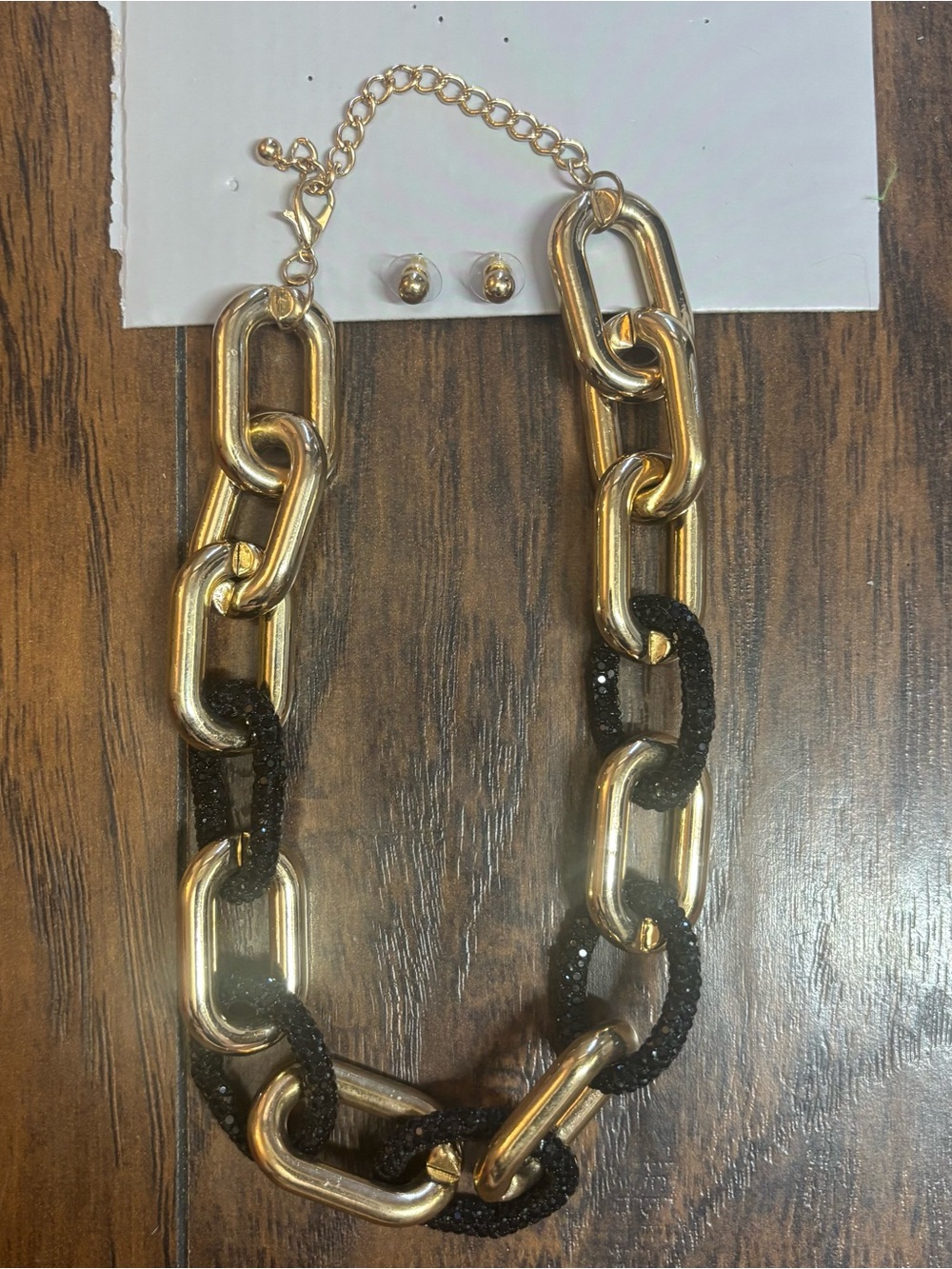 Gold and Black Chunky Link Necklace and Stud Earring Set